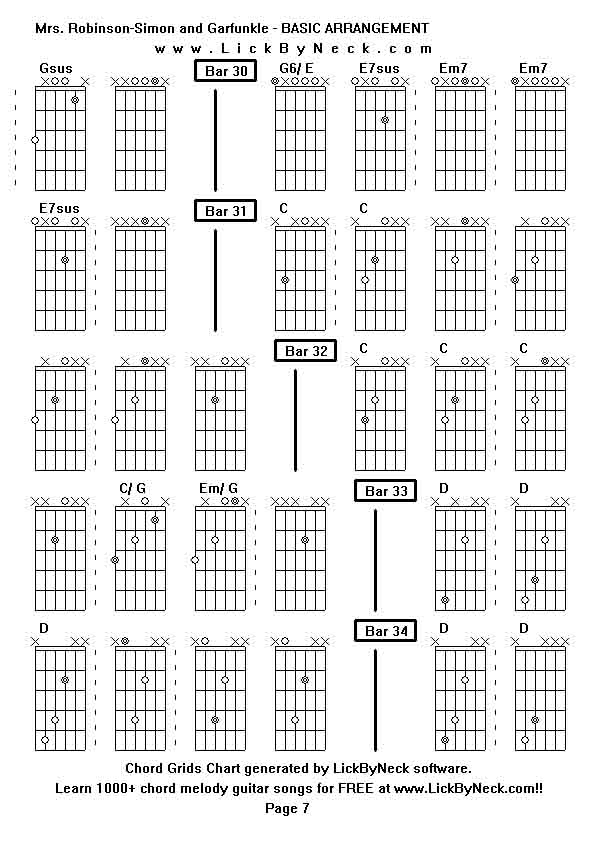 Chord Grids Chart of chord melody fingerstyle guitar song-Mrs Robinson-Simon and Garfunkle - BASIC ARRANGEMENT,generated by LickByNeck software.